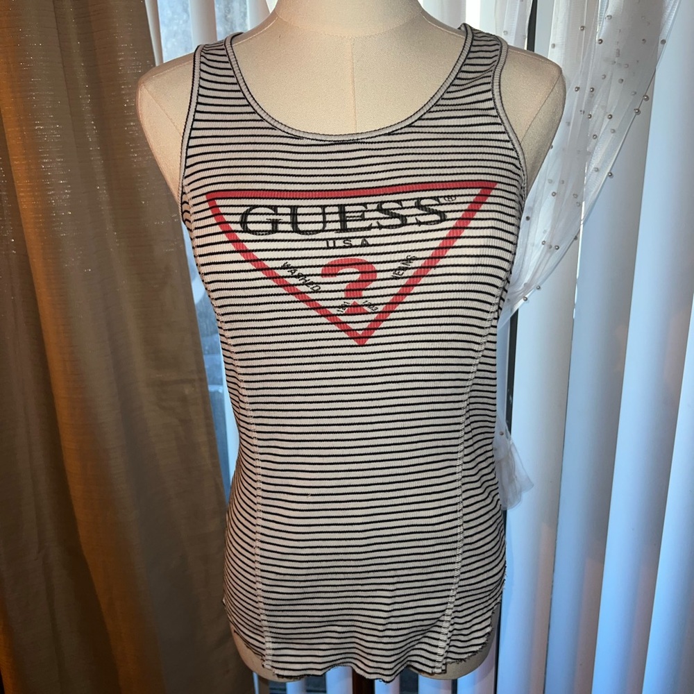 Guess Women's Black and White Striped Tank Top